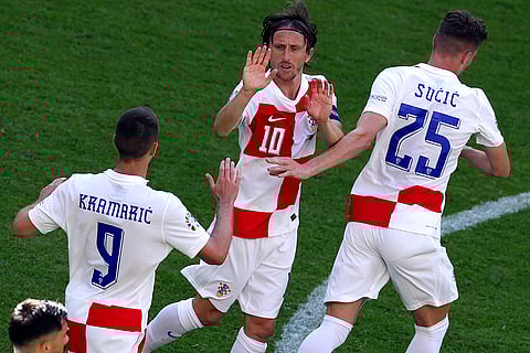 Croatia's players celebrate team's first goal against Albania